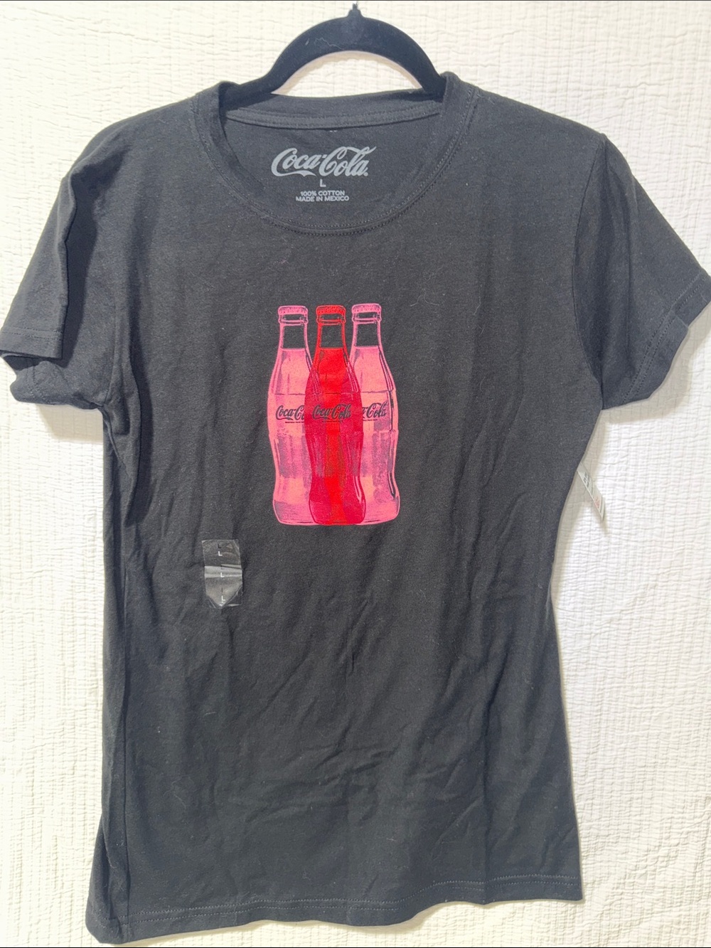 Coca Cola Black Tee with Pink and Red Bottle Graphic